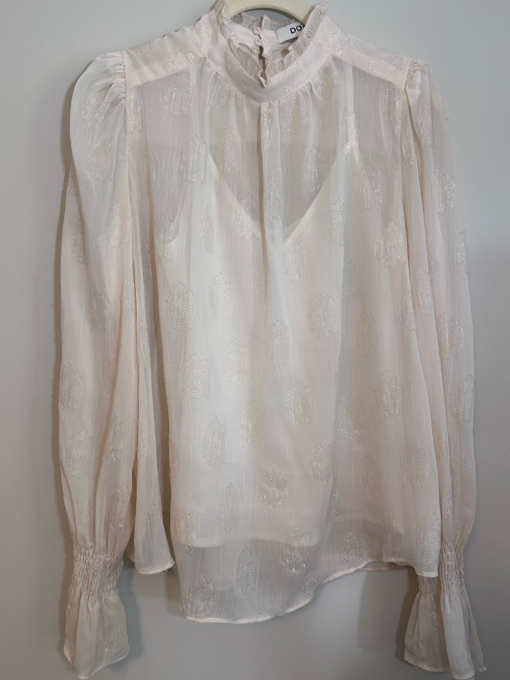 Do+Be Womens Cream Sheer High Neck Long-Sleeve Blouse Size S Dressy Business